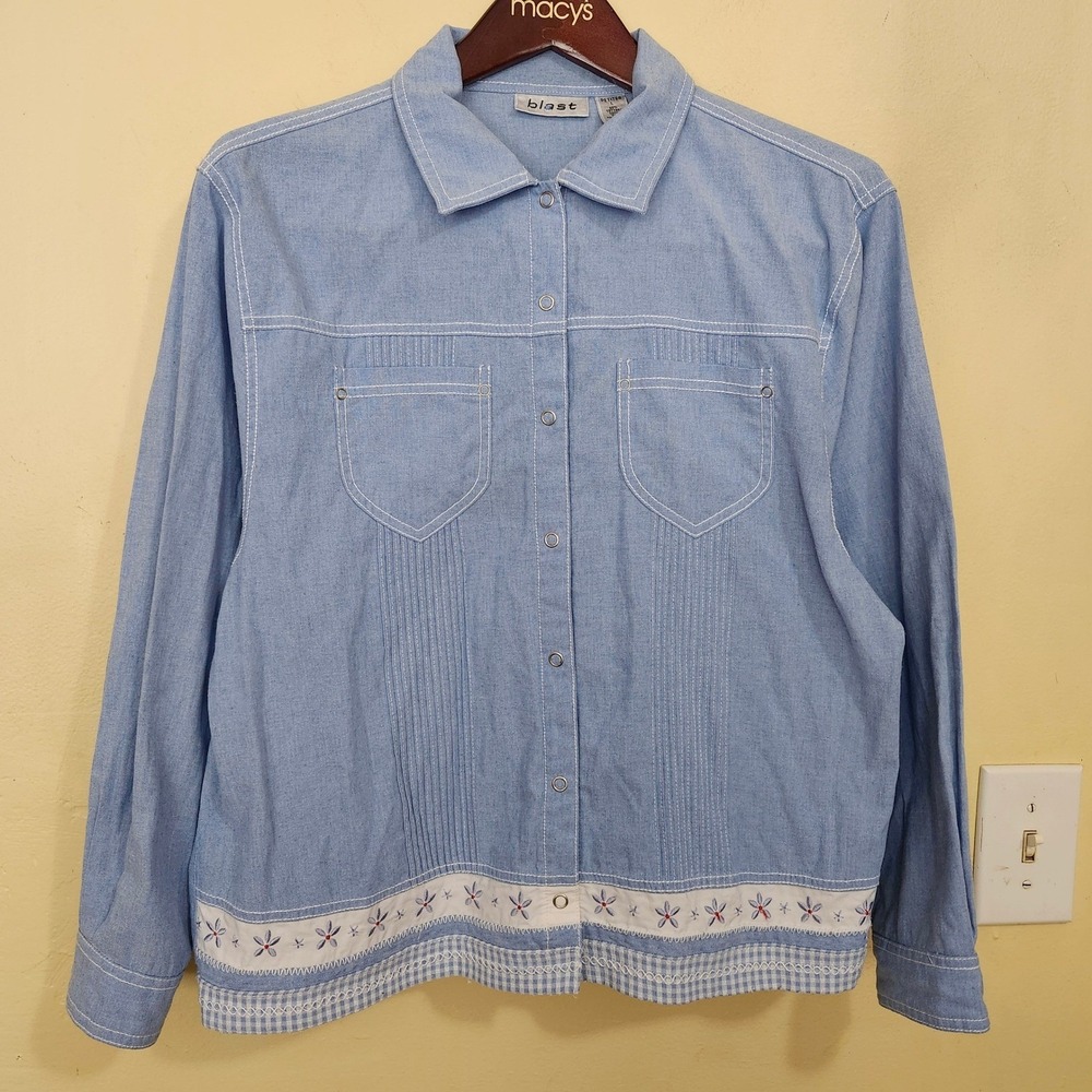 Blast Snap Front Shirt Womens Large Petites Blue Chambray Embroidered Gingham